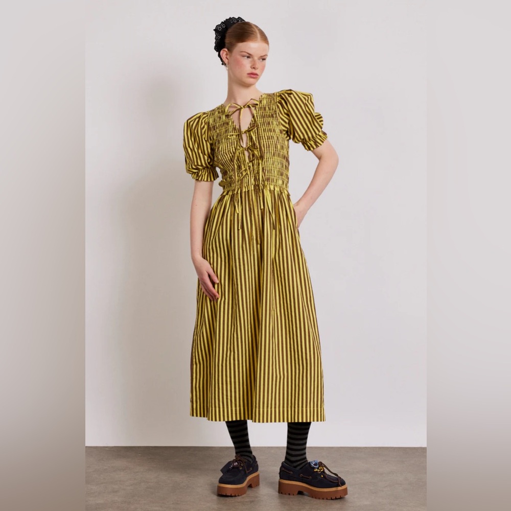 COPY - NWT DAMSON MADDER- Bluebelle Midi Dress Brown Yellow Stripe Puff Front B…